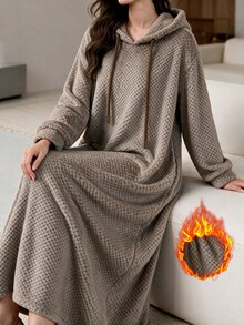 Rue Lumi Women Hooded Fleece Loungewear Dress Waffle Popcorn Texture Drawstring Long Sleeve Oversized Warm Ankle Length Casual Home Nightgown Fall Winter - Khaki - View 4