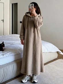 Rue Lumi Women Hooded Fleece Loungewear Dress Waffle Popcorn Texture Drawstring Long Sleeve Oversized Warm Ankle Length Casual Home Nightgown Fall Winter - Khaki - View 5