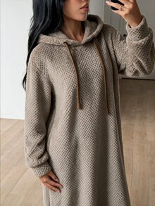 Rue Lumi Women Hooded Fleece Loungewear Dress Waffle Popcorn Texture Drawstring Long Sleeve Oversized Warm Ankle Length Casual Home Nightgown Fall Winter - Khaki - View 6
