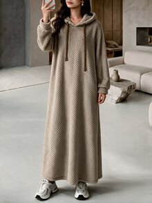 Rue Lumi Women Hooded Fleece Loungewear Dress Waffle Popcorn Texture Drawstring Long Sleeve Oversized Warm Ankle Length Casual Home Nightgown Fall Winter - Khaki - View 10