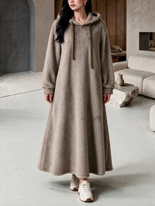 Rue Lumi Women Hooded Fleece Loungewear Dress Waffle Popcorn Texture Drawstring Long Sleeve Oversized Warm Ankle Length Casual Home Nightgown Fall Winter - Khaki - View 7