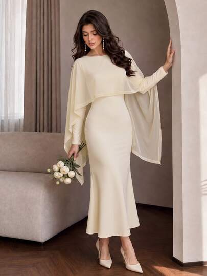 Modelyn Vestido Longo Feminino, Elegante Vestido Amarelo com Gola Redonda, Sobreposição de Capa, Manga Longa e Ajustado, Adequado para Convidada de Casamento, Igreja, Festa, Férias, Passeios de Outono