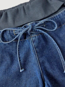 StreetHx Celana Jeans Kasual Gaya Jalanan dengan Motif Patchwork, Pinggang Bergaris, Pinggang Rendah, dan Potongan Lebar. - Medium Wash - View 10