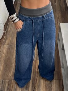 StreetHx Celana Jeans Kasual Gaya Jalanan dengan Motif Patchwork, Pinggang Bergaris, Pinggang Rendah, dan Potongan Lebar. - Medium Wash - View 2