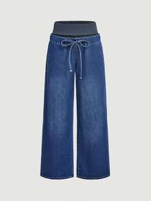 StreetHx Celana Jeans Kasual Gaya Jalanan dengan Motif Patchwork, Pinggang Bergaris, Pinggang Rendah, dan Potongan Lebar. - Medium Wash - View 7