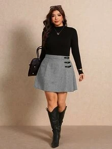 Elaquor Plus Size Women's Side Buckle Design Houndstooth Casual Skirt Fall - Grey - View 2