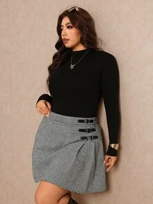 Elaquor Plus Size Women's Side Buckle Design Houndstooth Casual Skirt Fall - Grey - View 4