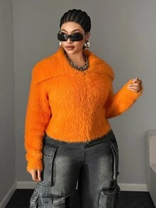 Maweii Cardigan Sweater Bulu Cerpelai Ukuran Besar untuk Wanita dengan Resleting Depan dan Kerah Lipat, Jaket Pendek Modis - Jeruk - View 7