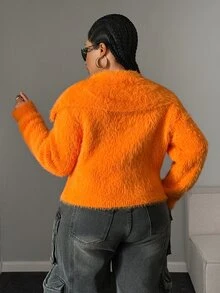 Maweii Cardigan Sweater Bulu Cerpelai Ukuran Besar untuk Wanita dengan Resleting Depan dan Kerah Lipat, Jaket Pendek Modis - Jeruk - View 3