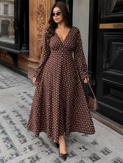 Vionelle Plus Size Women V-Neck Patchwork Lace Long Sleeve Polka Dot Cinched Waist Mid-Length Elegant 1960s Medieval Dress Daily Office Brunch Evening Brown