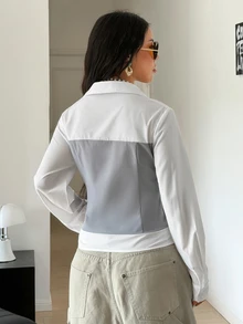 StreetHx Deep V-Neck Sexy Streetwear Patchwork Long Sleeve Blouse Night Out Going Out White Autumn - Multicolor - View 2