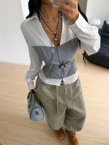 StreetHx Deep V-Neck Sexy Streetwear Patchwork Long Sleeve Blouse Night Out Going Out White Autumn - Multicolor - View 9