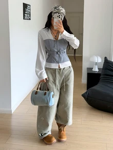 StreetHx Deep V-Neck Sexy Streetwear Patchwork Long Sleeve Blouse Night Out Going Out White Autumn - Multicolor - View 8