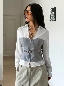 StreetHx Deep V-Neck Sexy Streetwear Patchwork Long Sleeve Blouse Night Out Going Out White Autumn - Multicolor - View 5