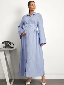 MaterniWear 藍色條紋百褶孕婦洋裝，適合派對、旅行與工作，秋季風格 - 藍色 - 查看 3