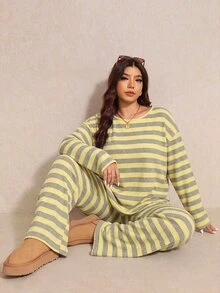 Elaquor 大尺碼女款軟黃色拼接圓領長袖上衣與收腰長褲兩件套，秋季休閒套裝，適合正式場合與度假 - 彩色 - 查看 4