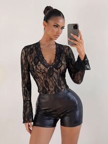 Sirith Women's Lace V-Neck Sexy Versatile Long Sleeve Top - Black - View 8
