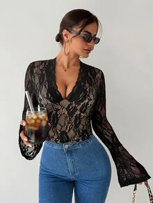 Sirith Women's Lace V-Neck Sexy Versatile Long Sleeve Top - Black - View 4