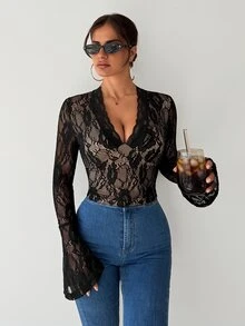 Sirith Women's Lace V-Neck Sexy Versatile Long Sleeve Top - Black - View 1