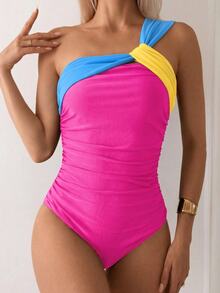 Swim Basics Women's Vacation Contrast Color Ruched One-Piece Swimsuit Pink One Piece Swimsuit Women - Hot Pink - View 4