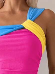 Swim Basics Women's Vacation Contrast Color Ruched One-Piece Swimsuit Pink One Piece Swimsuit Women - Hot Pink - View 5