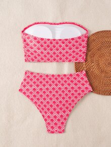 Swim Vcay Women's Solid Color Bandeau Bikini Set With Double Side Ruched Details, Beach Summer Outfits - Red - View 3