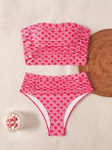 Swim Vcay Women's Solid Color Bandeau Bikini Set With Double Side Ruched Details, Beach Summer Outfits - Red - View 2