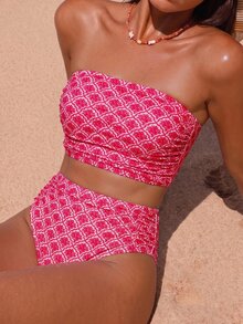 Swim Vcay Women's Solid Color Bandeau Bikini Set With Double Side Ruched Details, Beach Summer Outfits - Red - View 1