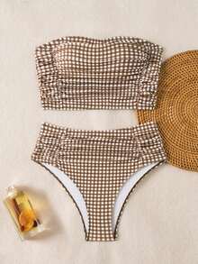 Swim Vcay Strapless Bandeau Style: Strapless Design, Perfect For Showcasing Shoulders And Neckline For A More Delicate And Slimming Look. Full Body Ruched Design: Large-Scale Horizontal Ruching At The Chest And Waist, Providing A Natural Gathering Effect And Subtle Shaping For The Bust. High-Waist Triangle Bikini Bottoms, Suitable For Beach Vacations And Pool. - Multicolor - View 2