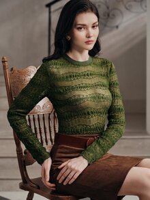 Anewsta Kaos Dalaman Lengan Panjang Leher Bulat Kasual Serbaguna Elegan untuk Wanita - Hijau Tentara - View 2