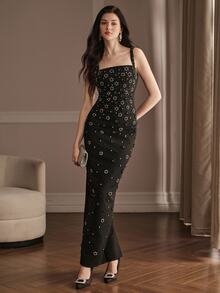 Anewsta Affair Women's Beaded Decor Fitted Elegant Sexy Romantic Formal Spaghetti Strap Black Dress Evening Party Cocktail Wedding Fall Winter - Black - View 3