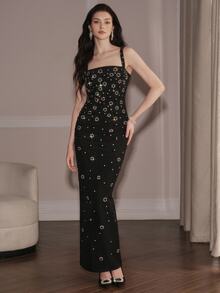 Anewsta Affair Women's Beaded Decor Fitted Elegant Sexy Romantic Formal Spaghetti Strap Black Dress Evening Party Cocktail Wedding Fall Winter - Black - View 2