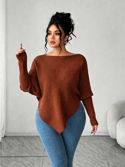 Elenzga Suéter de punto holgado y estilizado de manga larga con hombros descubiertos para mujer, moda casual de otoño/invierno, talla grande, prenda superior exterior