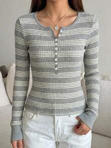 DAZY Women's Contrast Ribbed Ribbed Texture Slim Fit Long Sleeve Crew Neck Casual Vacation Korean Style Spring Autumn T-Shirt - Grey - View 6