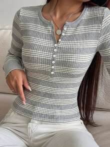 DAZY Women's Contrast Ribbed Ribbed Texture Slim Fit Long Sleeve Crew Neck Casual Vacation Korean Style Spring Autumn T-Shirt - Grey - View 7