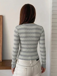 DAZY Women's Contrast Ribbed Ribbed Texture Slim Fit Long Sleeve Crew Neck Casual Vacation Korean Style Spring Autumn T-Shirt - Grey - View 2