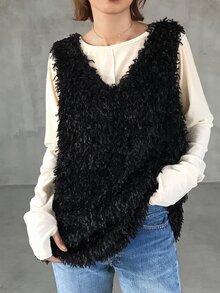 FRIFUL Women's Autumn Fuzzy Fabric Layering Tank Top Winter - Black - View 1