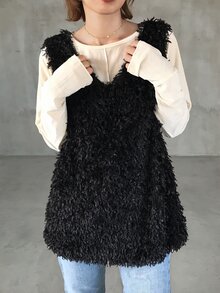 FRIFUL Women's Autumn Fuzzy Fabric Layering Tank Top Winter - Black - View 3