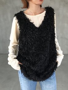 FRIFUL Women's Autumn Fuzzy Fabric Layering Tank Top Winter - Black - View 4