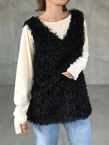 FRIFUL Women's Autumn Fuzzy Fabric Layering Tank Top Winter - Black - View 5