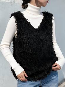 FRIFUL Women's Autumn Fuzzy Fabric Layering Tank Top Winter - Black - View 9