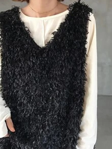 FRIFUL Women's Autumn Fuzzy Fabric Layering Tank Top Winter - Black - View 7