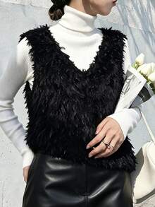 FRIFUL Women's Autumn Fuzzy Fabric Layering Tank Top Winter - Black - View 10