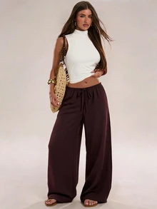 SHEIN BAE بنطلون طويل من الكتان الأبيض بلون موحد بخصر منخفض للربيع/الصيف، بنطلون طويل للشاطئ والعطلات، بنطلون طويل فضفاض من الكتان الأبيض ملابس خريفية للنساء، صيف - بني - مشاهدة 1