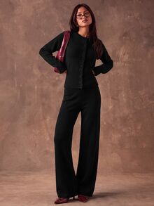 SHEIN BAE Autumn/Winter Casual Solid Color Cardigan & Knit Pants 2 Pieces Set - Black - View 7