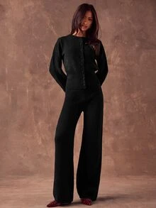 SHEIN BAE Autumn/Winter Casual Solid Color Cardigan & Knit Pants 2 Pieces Set - Black - View 6