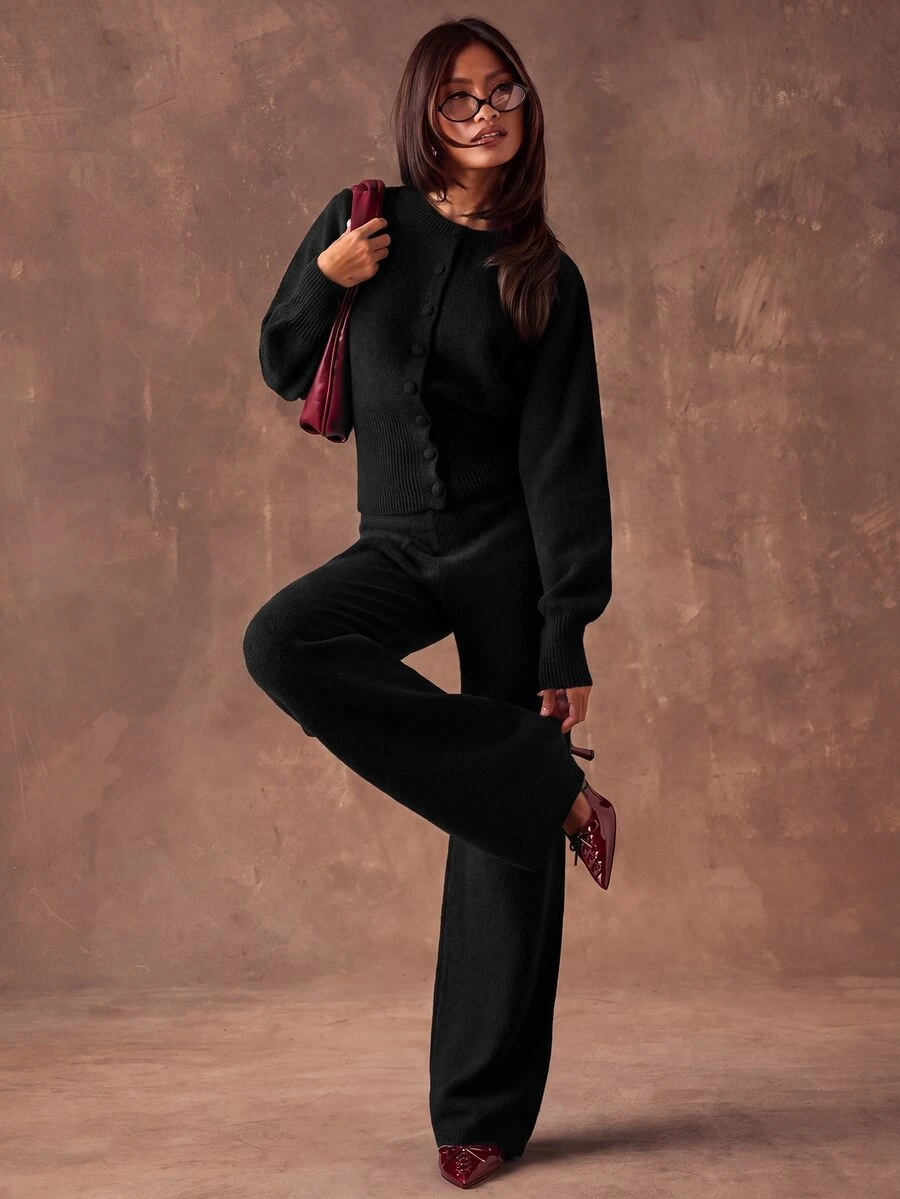 SHEIN BAE Autumn/Winter Casual Solid Color Cardigan & Knit Pants 2 Pieces Set - Black - View 1