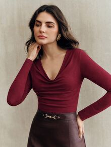Anewsta Kaos Lengan Panjang Wanita Warna Polos Kasual Serbaguna untuk Sehari-hari - Burgundy - View 3