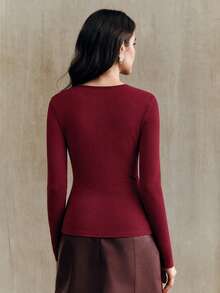 Anewsta Kaos Lengan Panjang Wanita Warna Polos Kasual Serbaguna untuk Sehari-hari - Burgundy - View 7