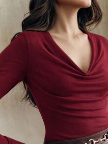 Anewsta Kaos Lengan Panjang Wanita Warna Polos Kasual Serbaguna untuk Sehari-hari - Burgundy - View 1
